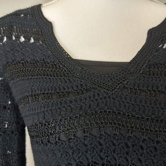 KAREN MILLEN Black Boho Style Crochet Scoop Nick Mini Dress Size Small - Picture 4 of 10